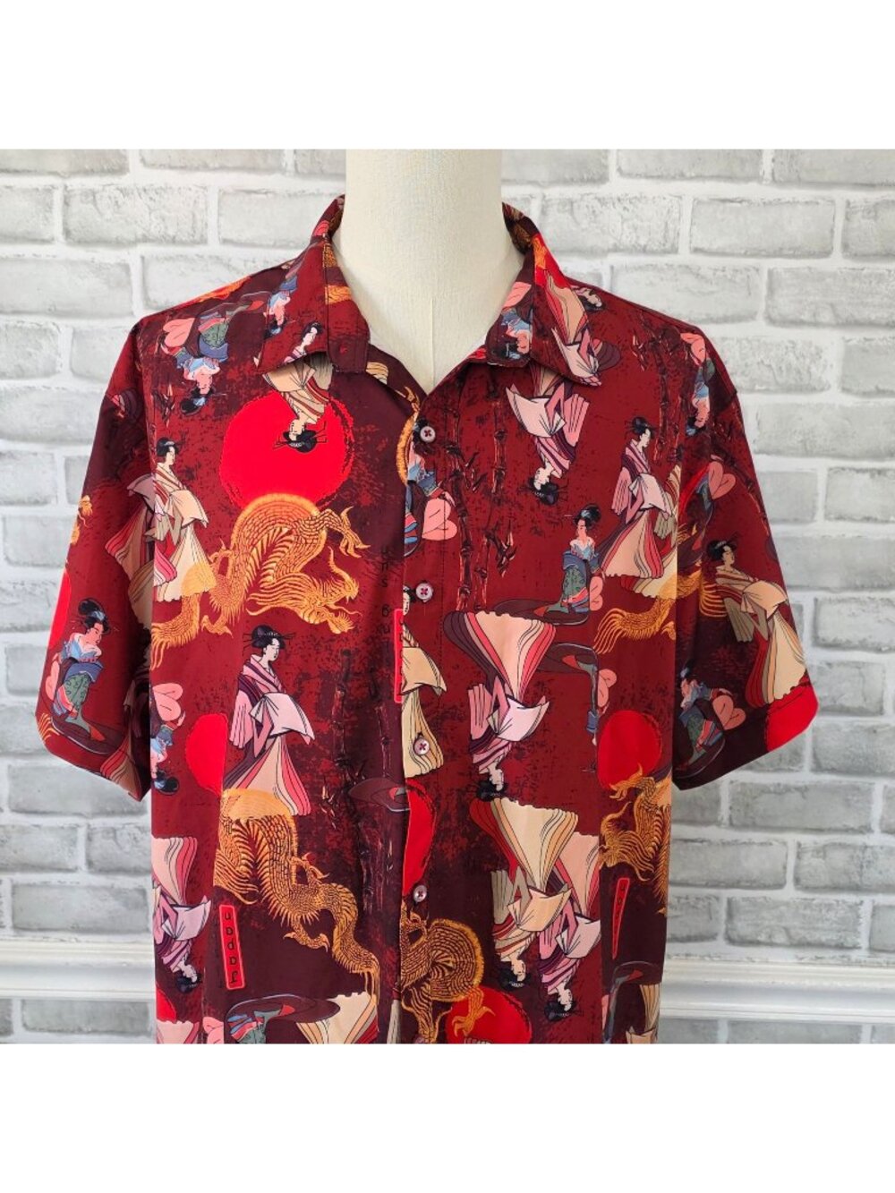 Fresh Prints Men 3XL Festival Geisha Dragon Japan AOP Casual Button Shirt Resort